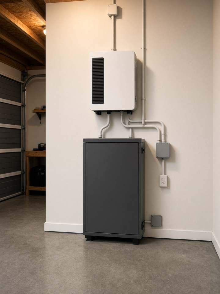 Hybrid solar inverter and home battery on a garage wall